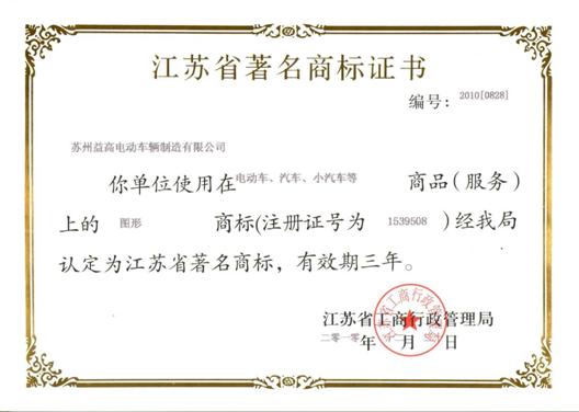 江苏省著名商标证书